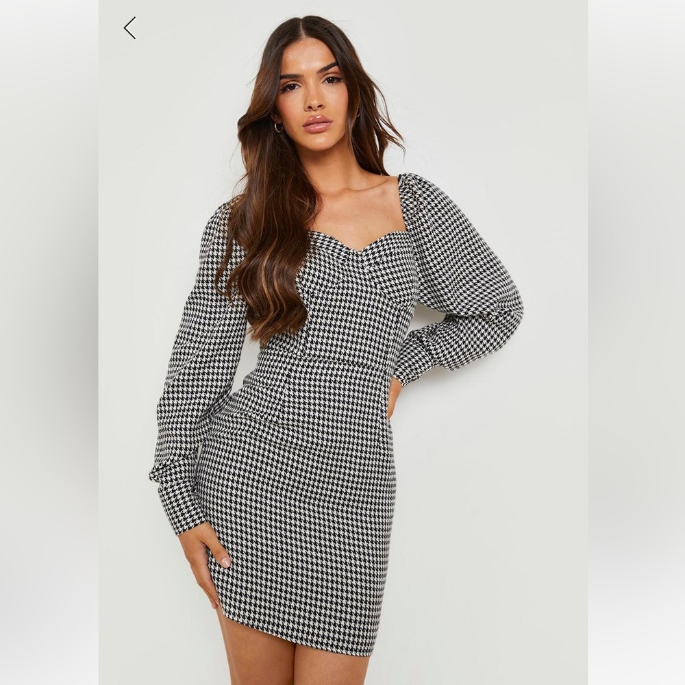 Boohoo Dogtooth Corset Detail Dress - Black - Size 14